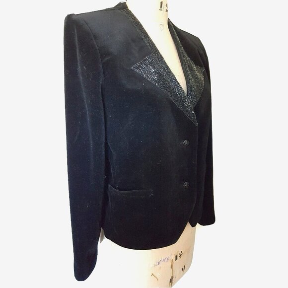 Vintage blazer jacket velvet & sequin beaded collar, elegant formal holidays M - Picture 5 of 13